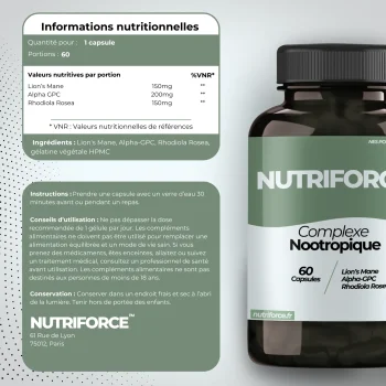 fiche nutritionnelle du complexe nootropique naturel de nutriforce, un condensé de nootropes naturels
