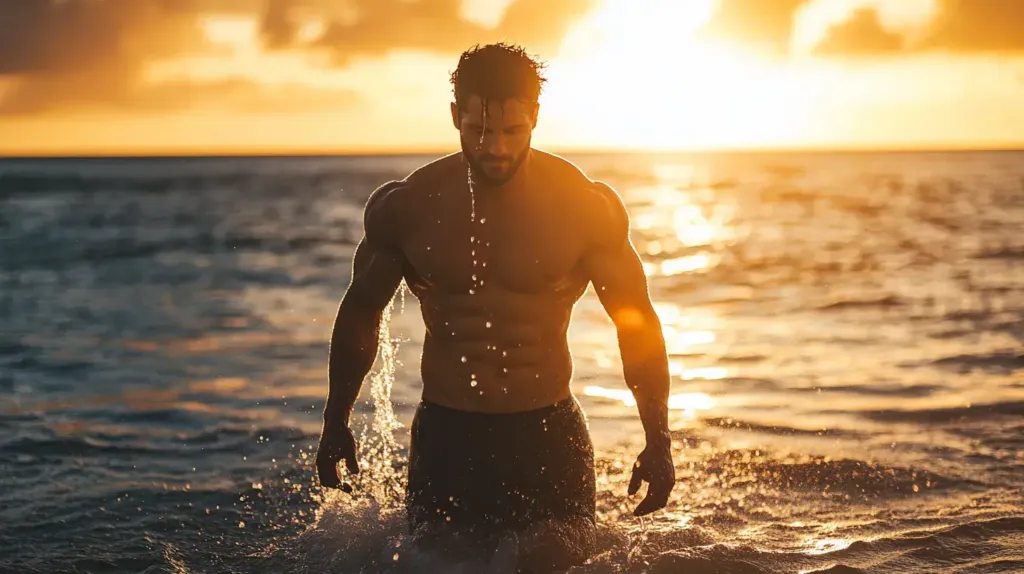 homme musclé dans l'eau après avoir consommé de la turkestérone pour sa testostérone