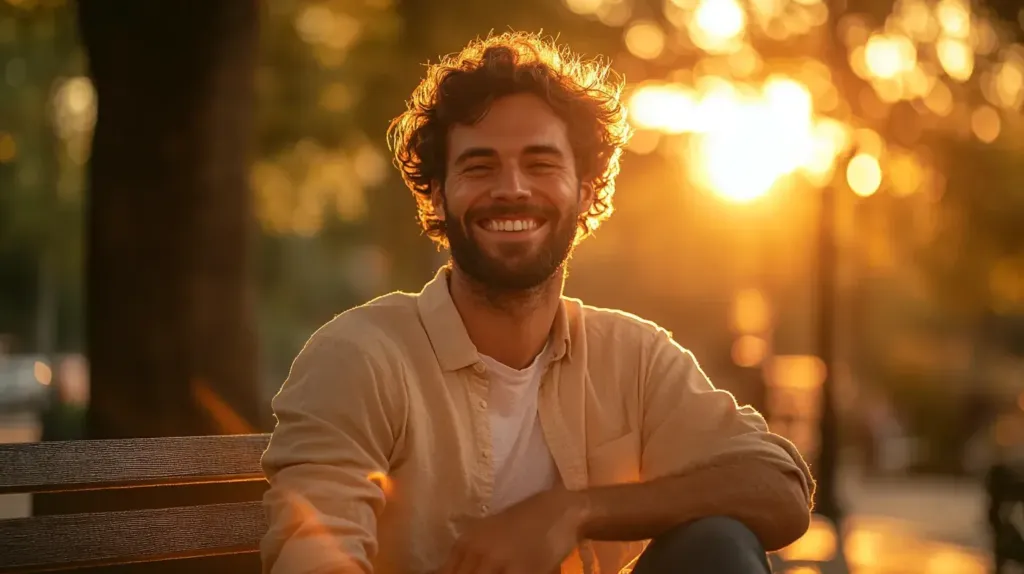 photo d'un homme blanc sur un banc l'ai heureux