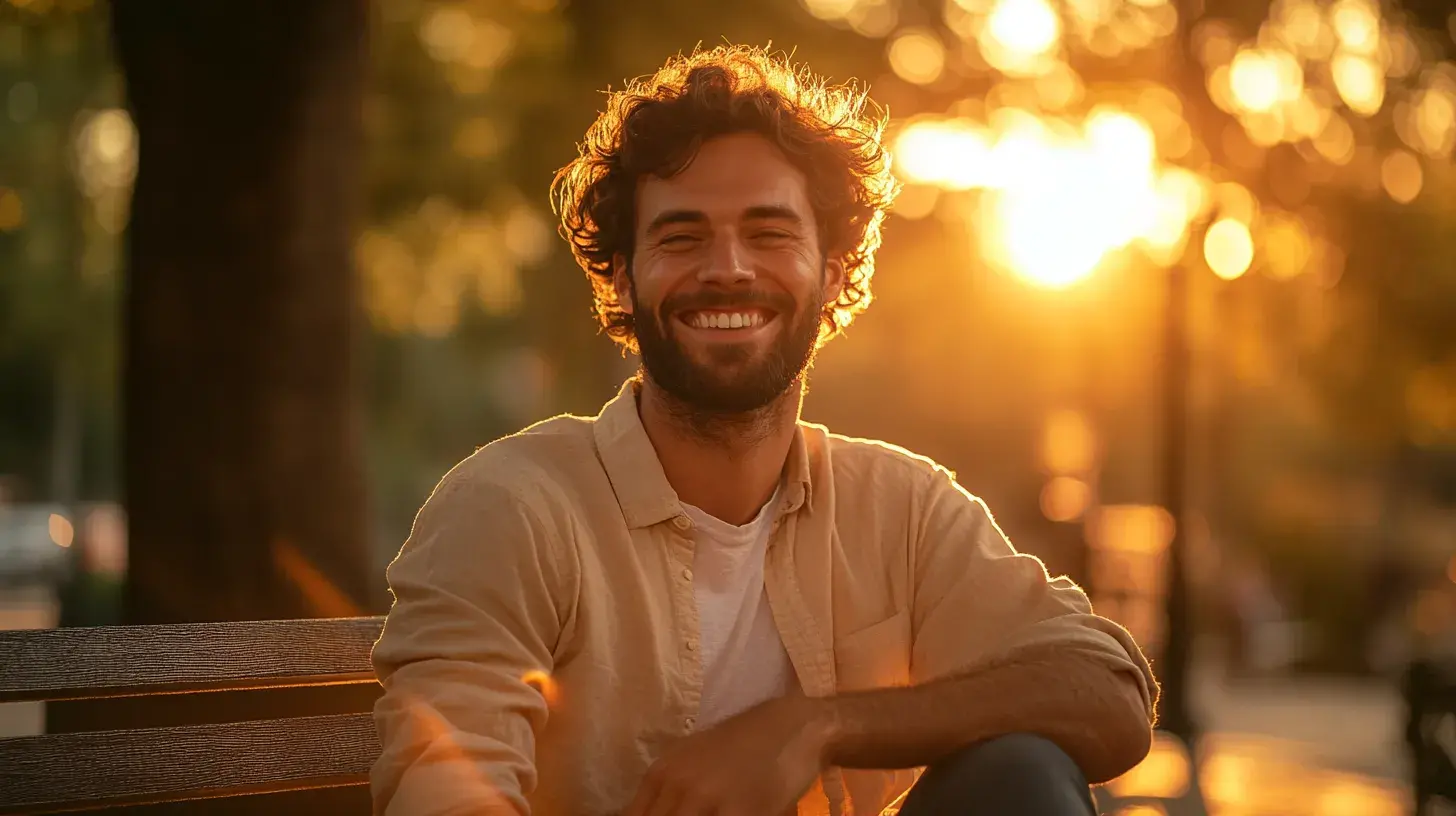 photo d'un homme blanc sur un banc l'ai heureux