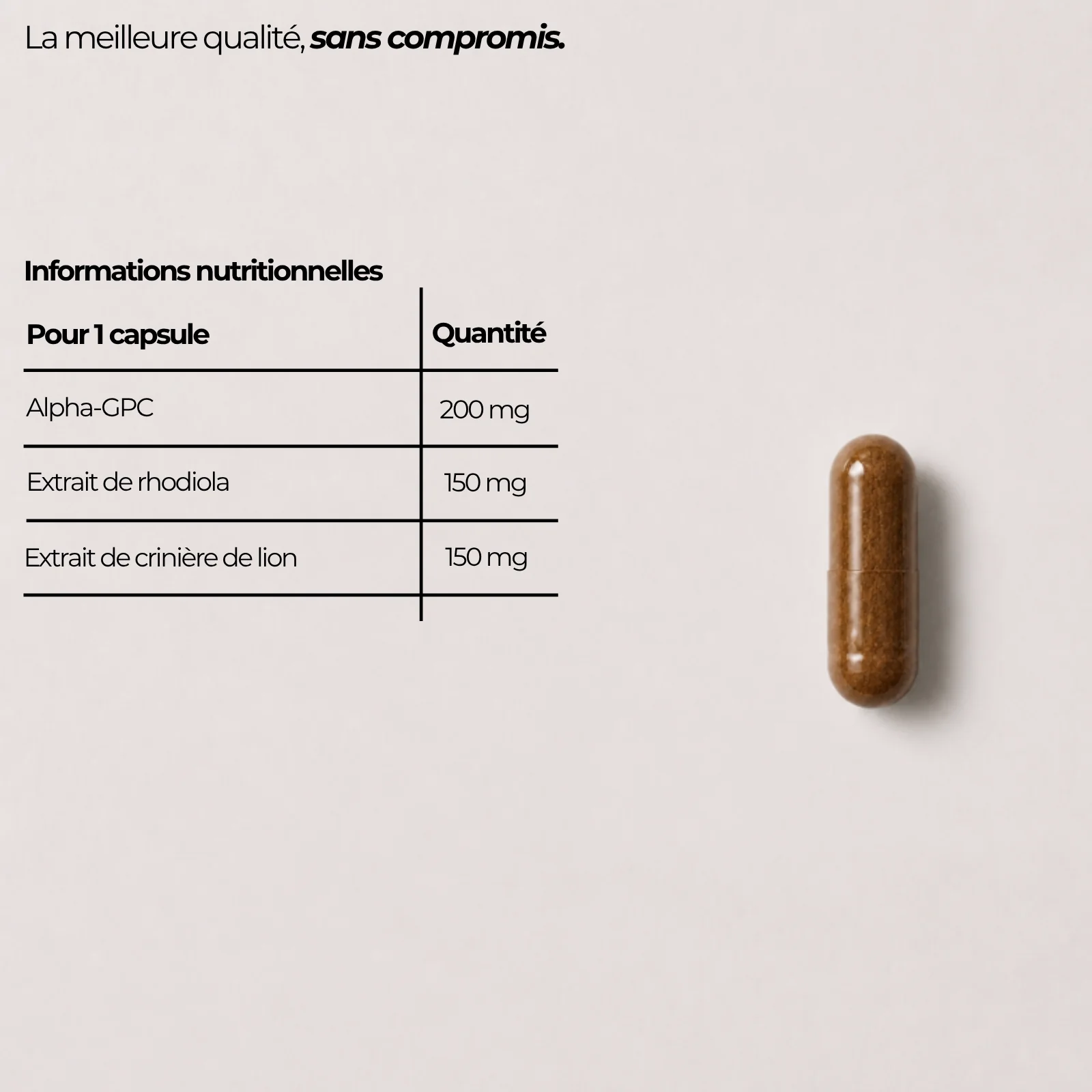 Tableau nutritionnel du complexe nootropique Nutriforce pour une capsule : alpha-GPC 200 mg, extrait de rhodiola 150 mg, extrait de crinière de lion 150 mg
