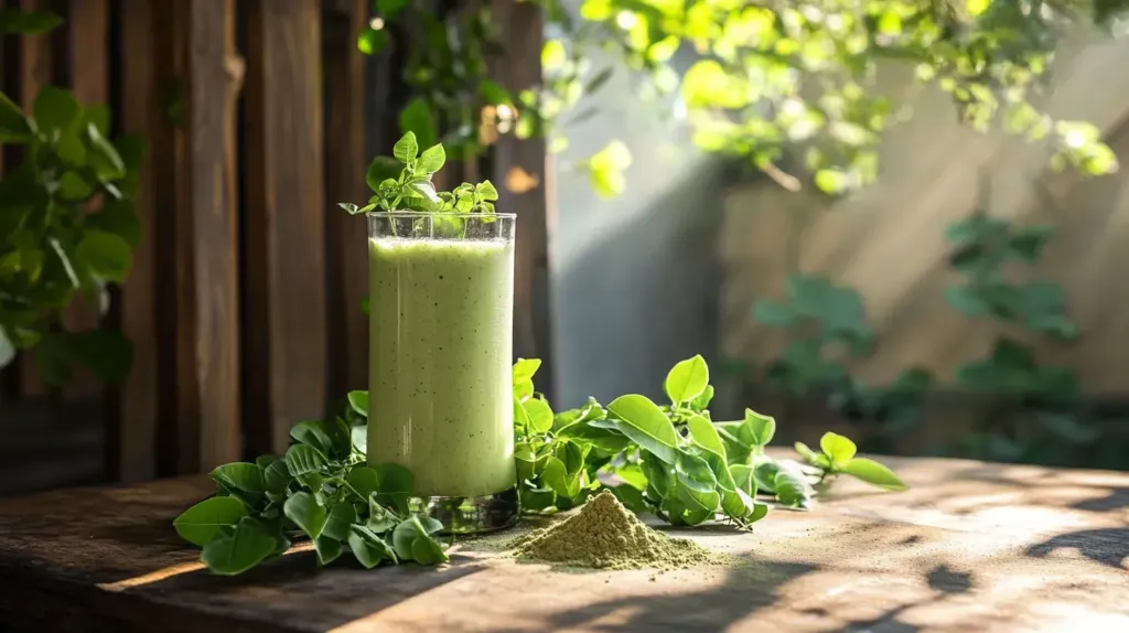 photo d'un smoothie à base de moringa sur une table en bois