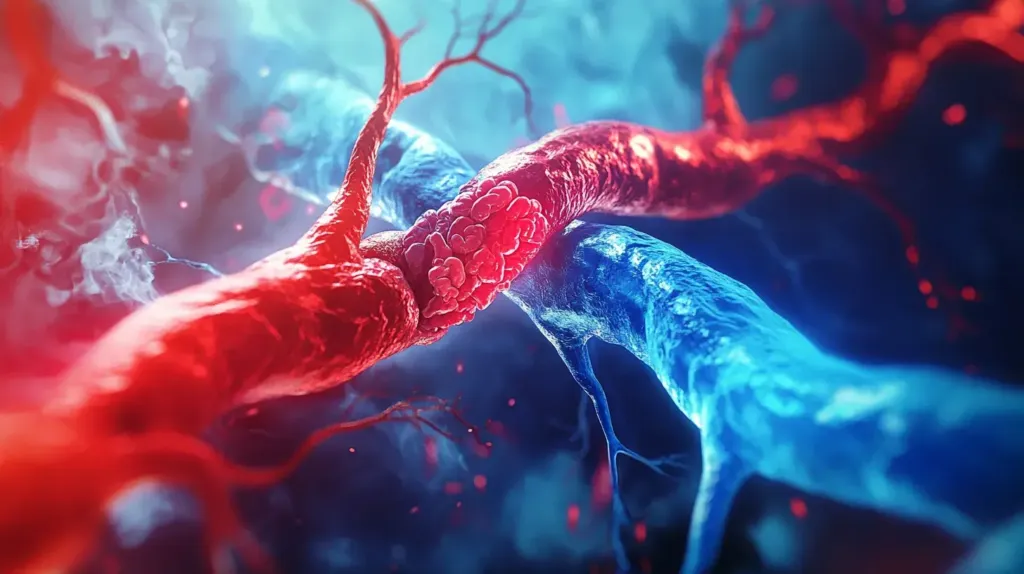cette image montre des vaisseaux sanguins rouge et bleu pour illustrer le cholestérol dans le sang