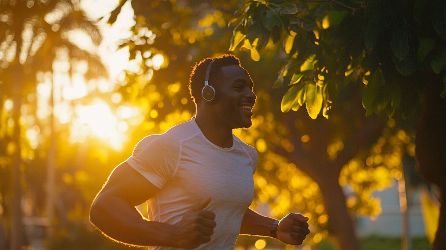 cette image montre un homme qui fait on jogging,l'air heureux car il prend des vitamines pour la fatigue