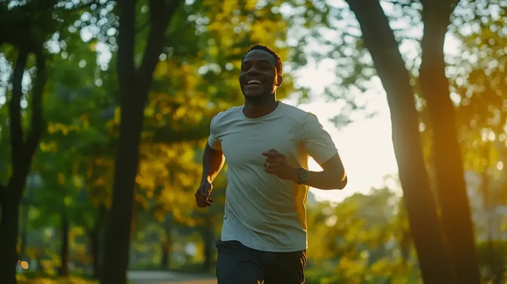 cette image montre un homme qui fait son footing. Il est heureux et en forme grâce à sa consommation de lion's mane