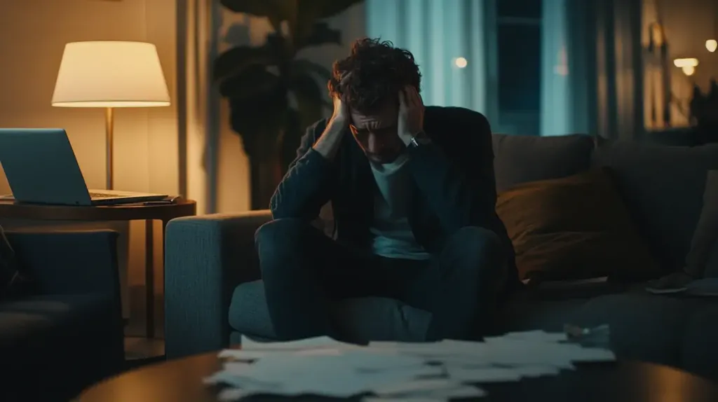 homme stressé qui se tient la tête dans son fauteuil