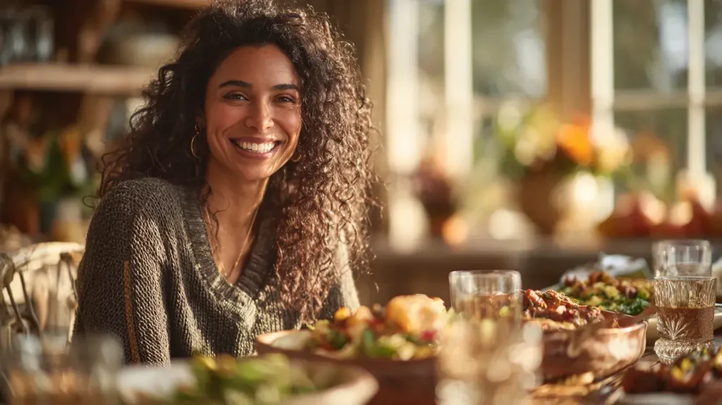 Personne souriante assise devant un repas généreux et équilibré, mettant en avant les bienfaits de la sauge officinale