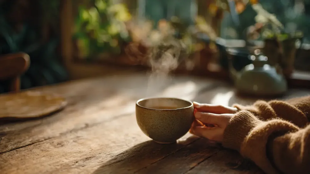 Personne dégustant une tisane chaude dans un intérieur cosy, illustrant les bienfaits de la sauge officinale et la détente