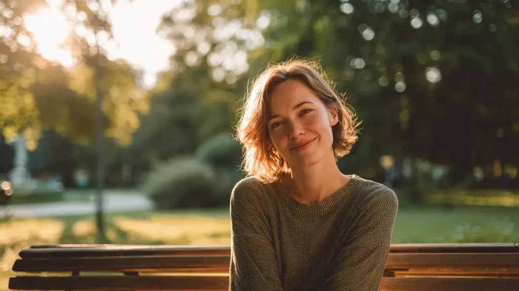 Personne souriante assise sur un banc dans un parc, profitant d’un moment de calme lié aux bienfaits de la sauge officinale
