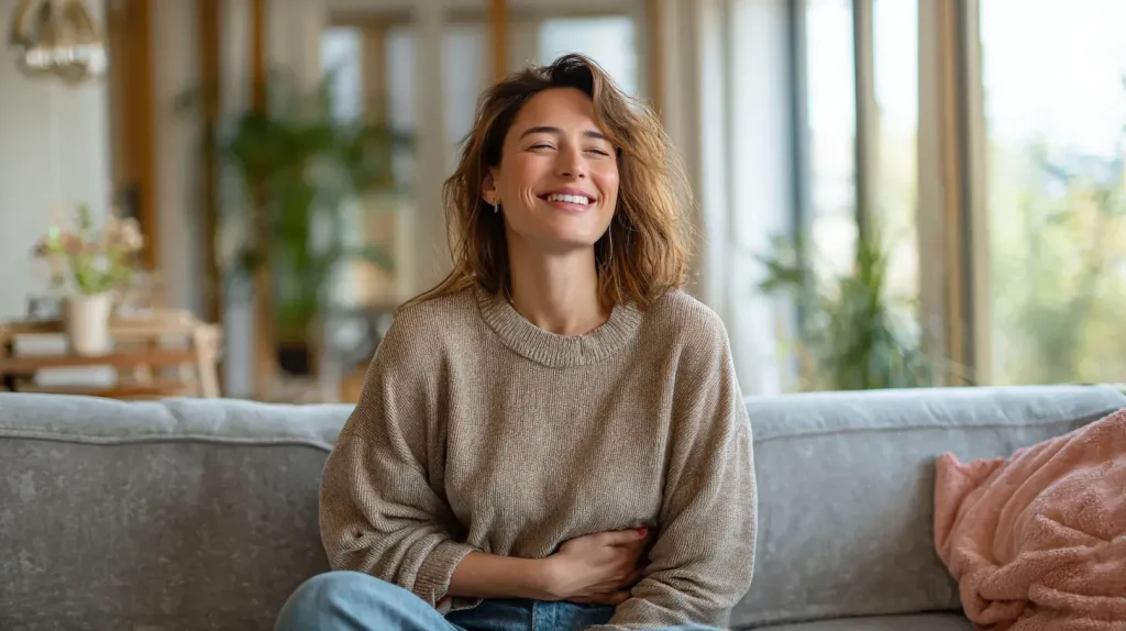 Personne soulagée tenant son ventre avec un sourire, représentant les bienfaits de la sauge officinale sur la digestion