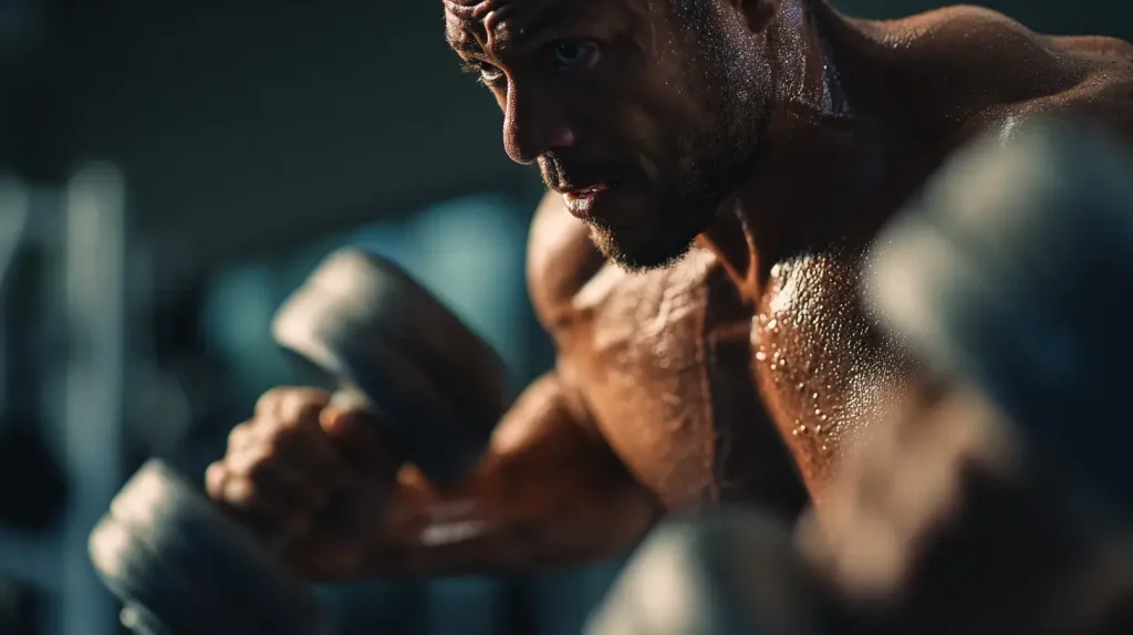 Personne en train de faire de la musculation avec intensité dans une salle de sport moderne, illustrant énergie et vitalité liées à la sauge officinale