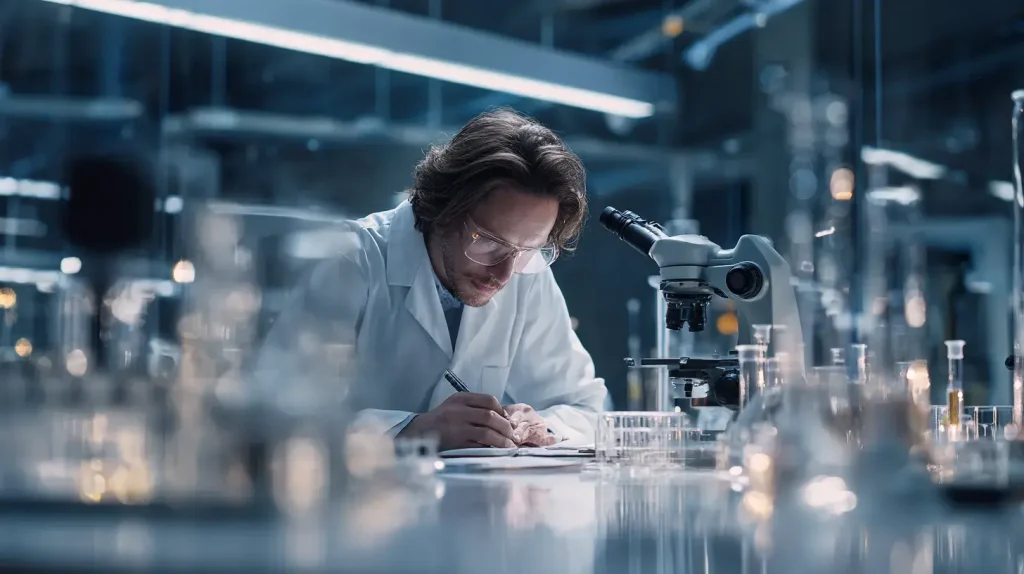 Scientifique concentré réalisant une étude en laboratoire moderne avec microscope et matériel d’analyse, illustrant les bienfaits de la sauge officinale