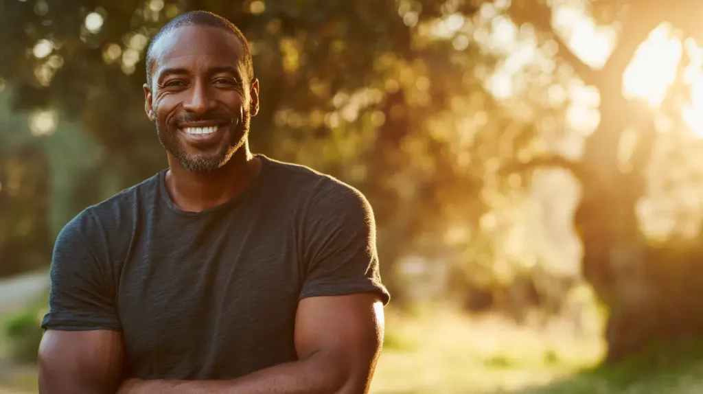 Homme heureux et en pleine forme illustrant les bienfaits naturels de la salsepareille sur la vitalité et le bien-être