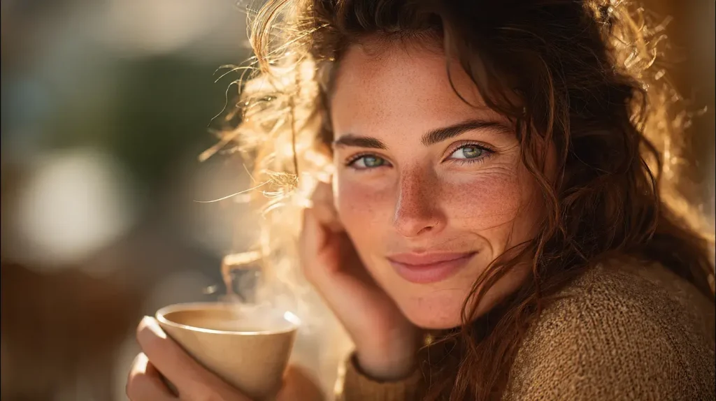 Personne savourant une tasse de thé tulsi au soleil, illustrant les bienfaits naturels du tulsi pour le bien-être, la relaxation et l’énergie