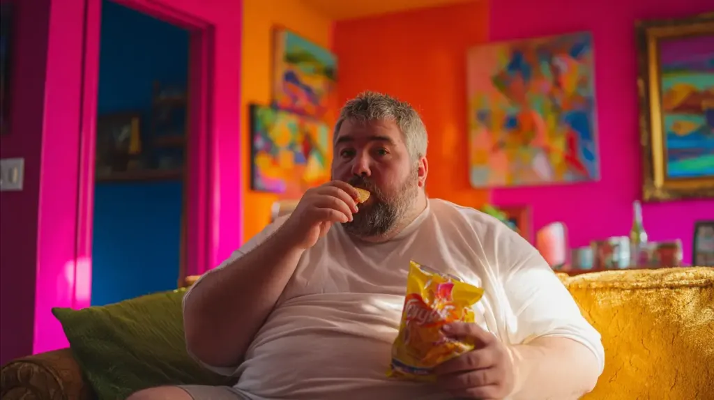 un homme mange des chips dans son sofa