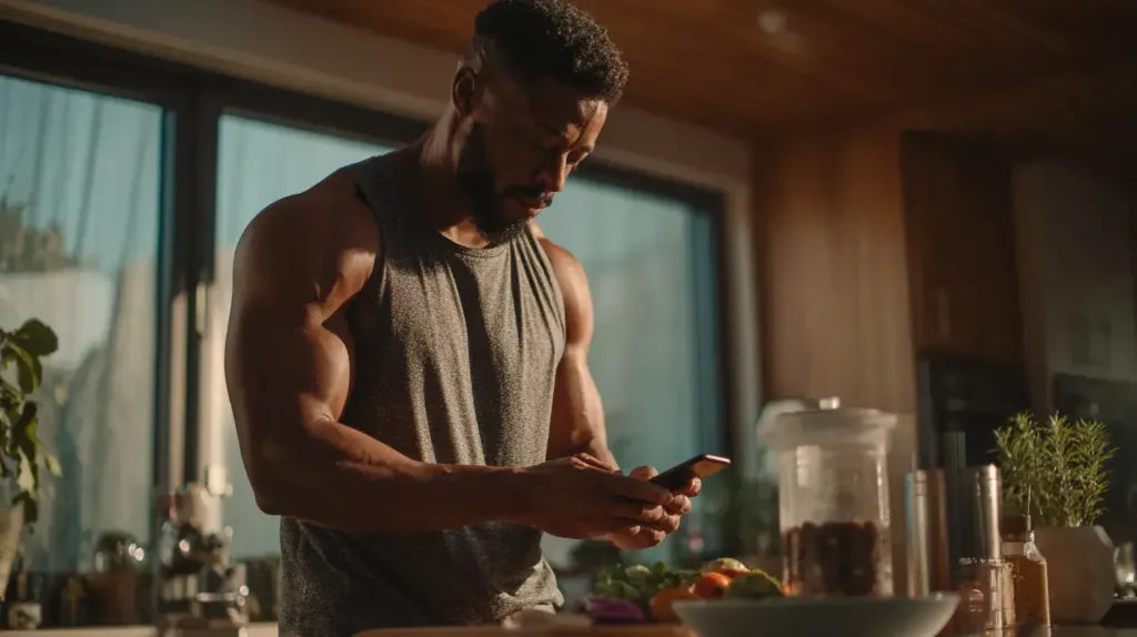 un homme est en train de calculer ses calories sur son téléphone 