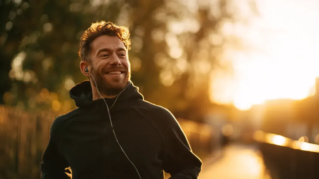 Un homme en sweat noir fais du running dans un parc avec ses écouteurs