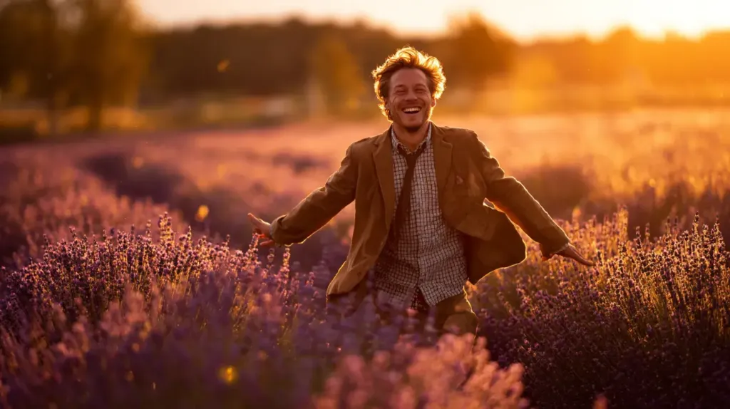 un homme est heureux dans un champs de fleurs