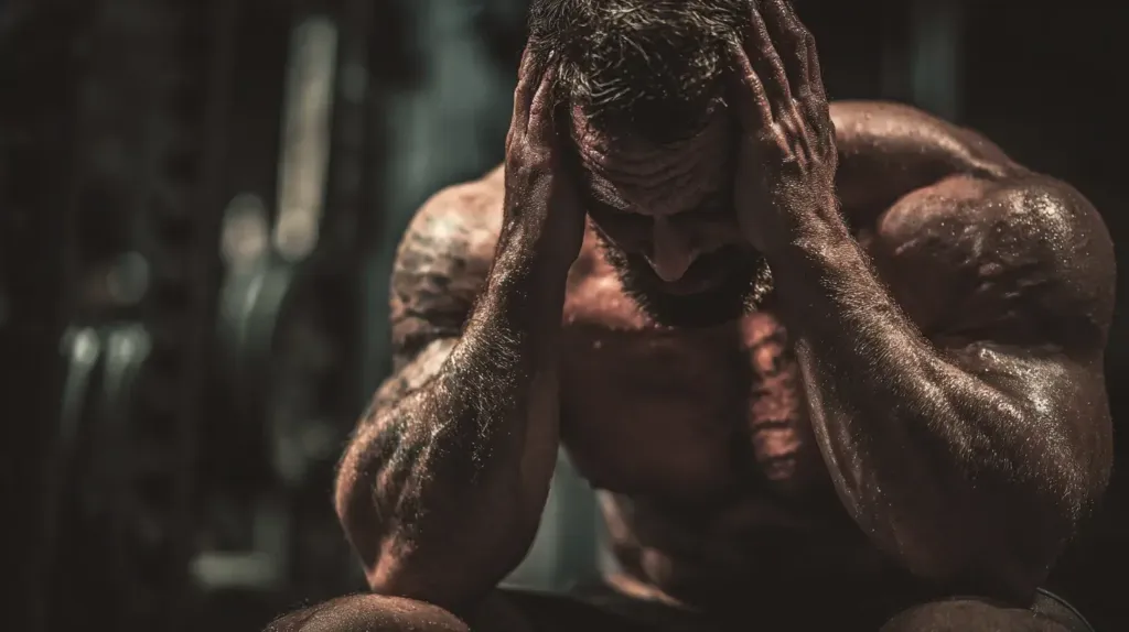 un homme est assis dans une salle de musculation et se tient la tête
