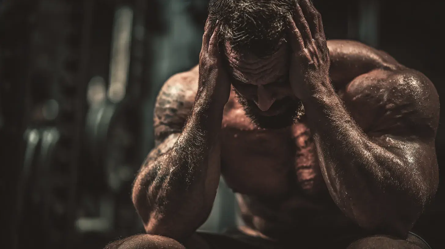 un homme est assis dans une salle de musculation et se tient la tête