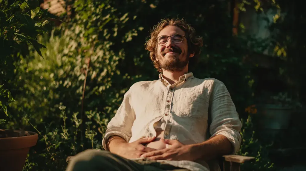 cette image montre un homme en train de digérer dans une chaise de jardin