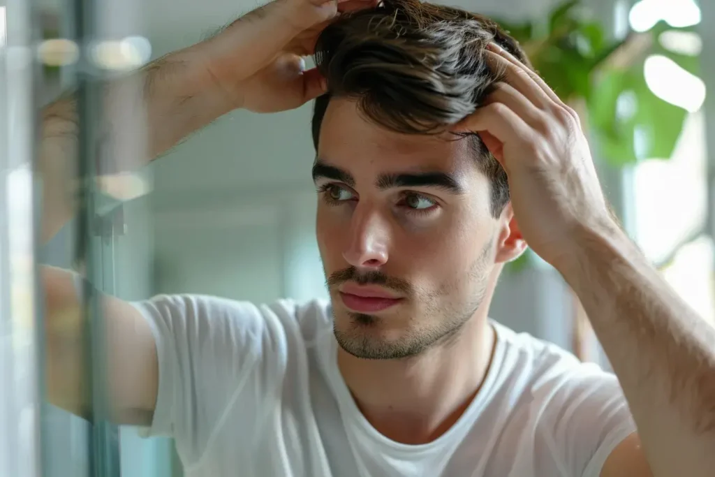 un homme se regarde les cheveux dans un miroir
