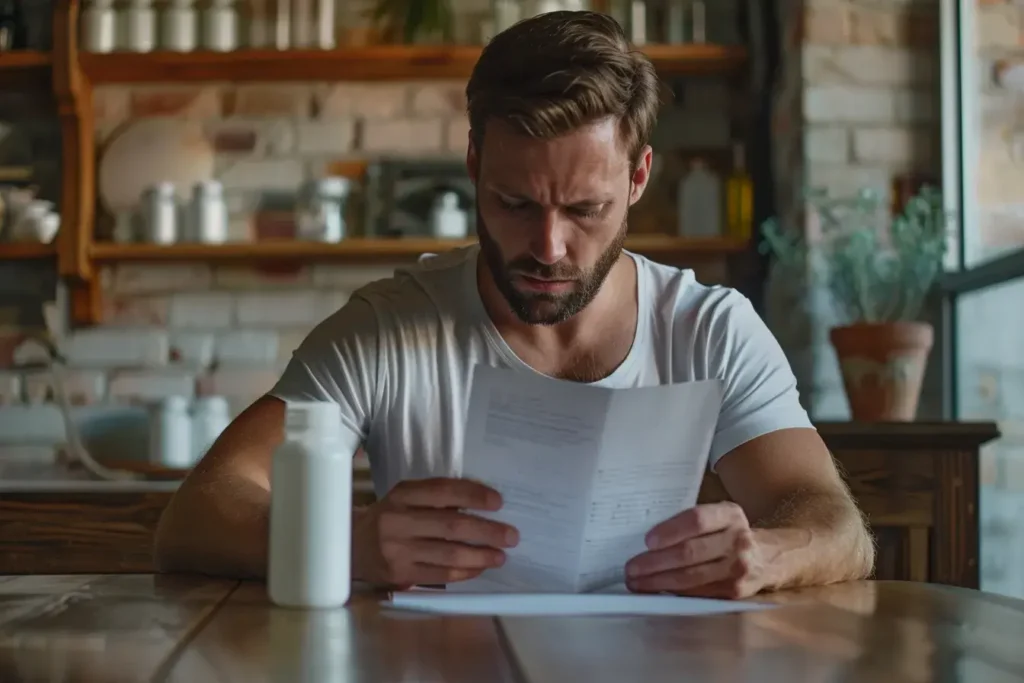 un homme consulte la notice de médicaments 