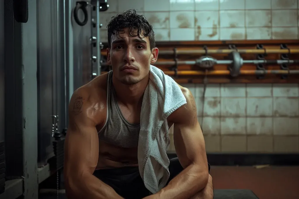 un homme se repose sur un banc dans la salle de musculation