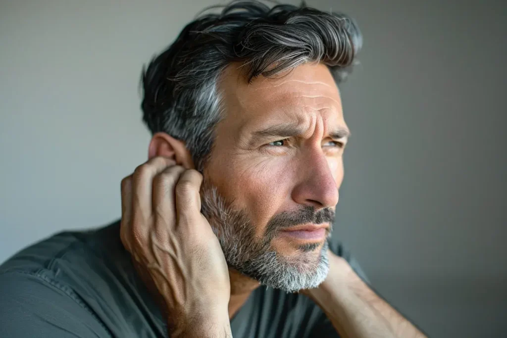un homme souffre d'acouphènes