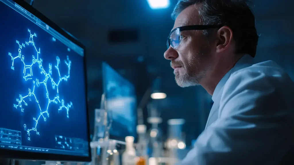 Scientifique qui analyse de la créatine en laboratoire