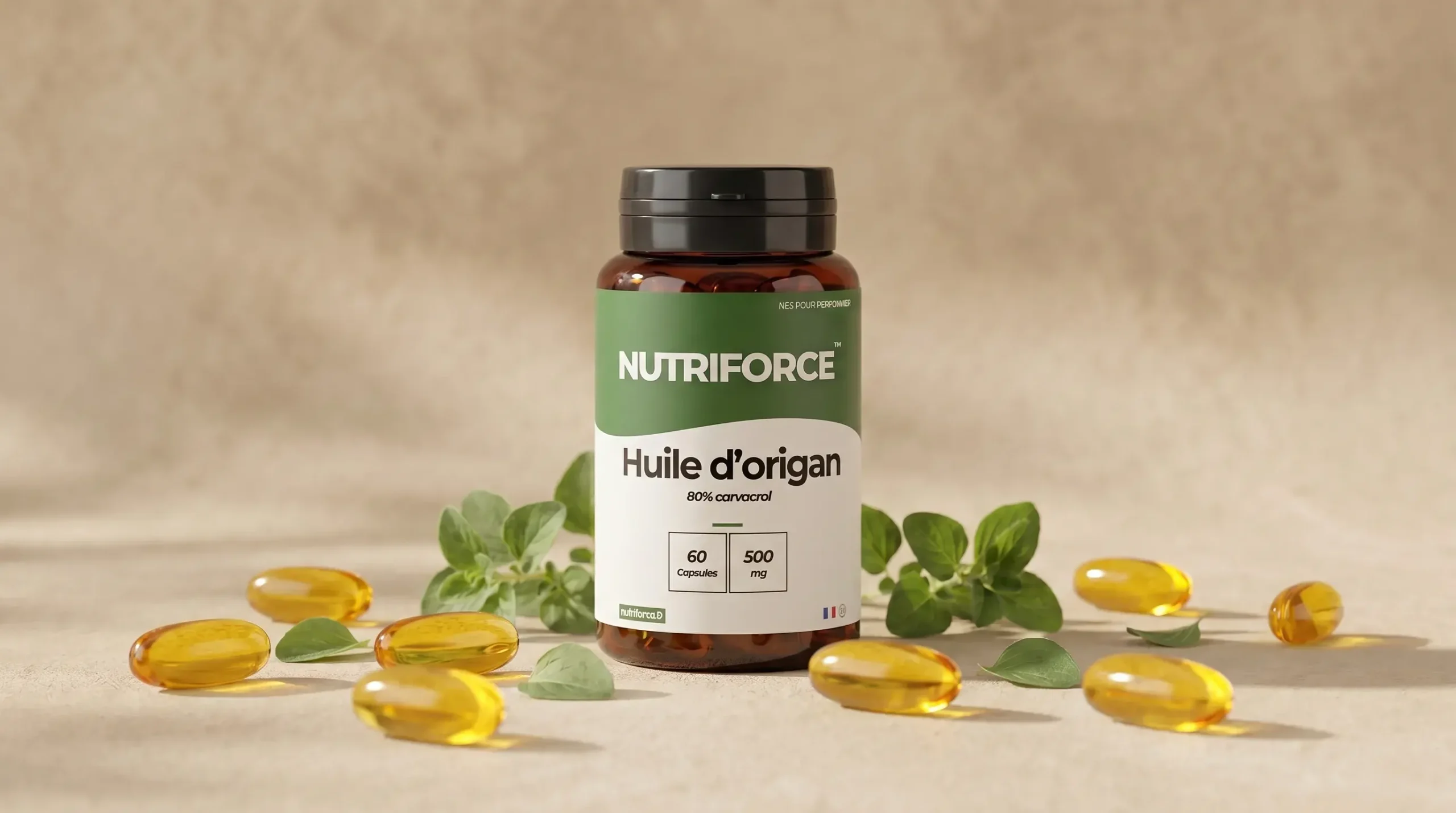 Une boîte d'huile d'origan Nutriforce accompagnée de gélules