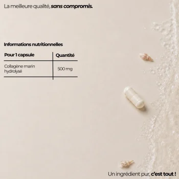 Tableau nutritionnel du collagène marin Nutriforce pour une capsule : 500 mg de collagène marin hydrolysé, un seul ingrédient et rien d'autre