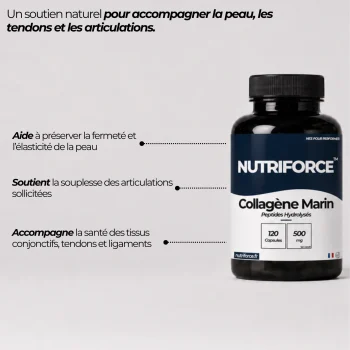 Pot de collagène marin Nutriforce et ses points clés : des peptides de collagène marin hydrolysé, 500 mg par capsule, soit 1 000 mg par jour