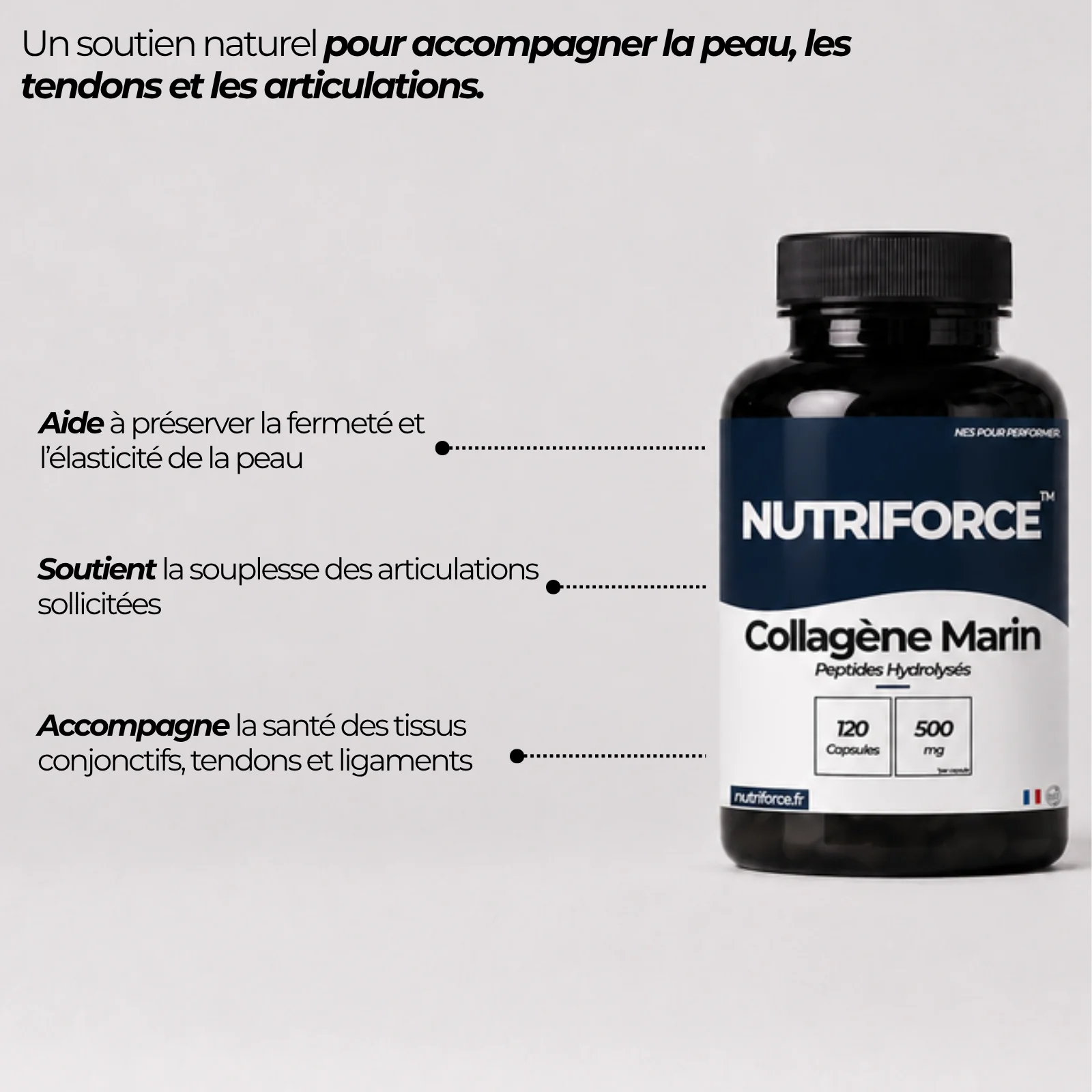 Pot de collagène marin Nutriforce et ses points clés : des peptides de collagène marin hydrolysé, 500 mg par capsule, soit 1 000 mg par jour