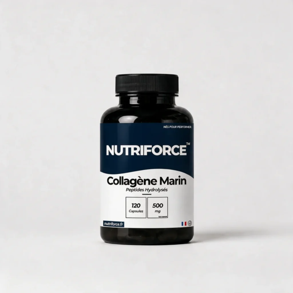 Pot de collagène marin Nutriforce : 120 capsules apportant chacune 500 mg de peptides de collagène marin hydrolysé