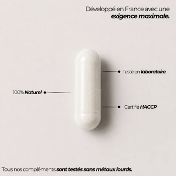 Capsule de collagène marin Nutriforce et ses repères qualité : développée en France, testée en laboratoire, certifiée HACCP et sans métaux lourds
