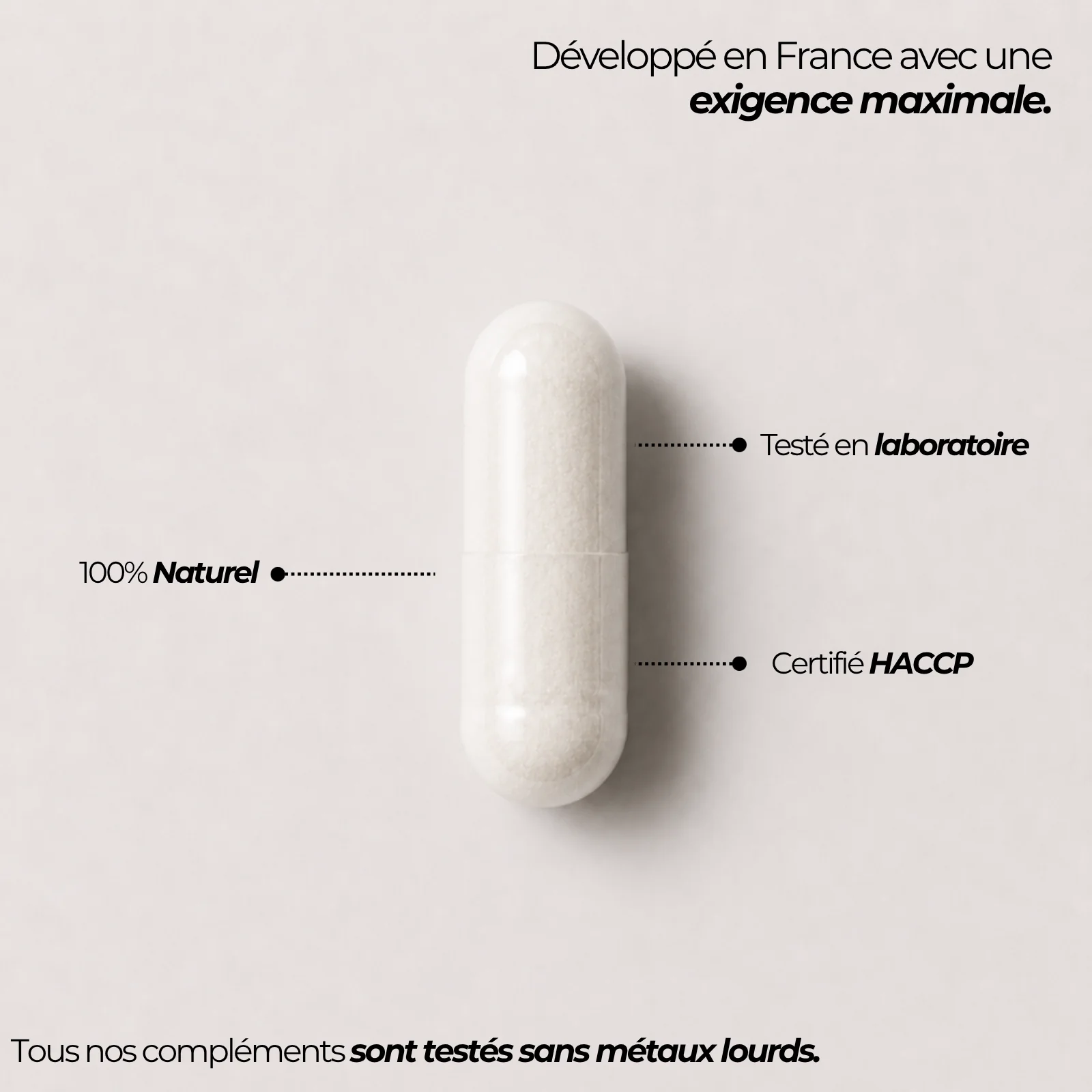 Capsule de collagène marin Nutriforce et ses repères qualité : développée en France, testée en laboratoire, certifiée HACCP et sans métaux lourds