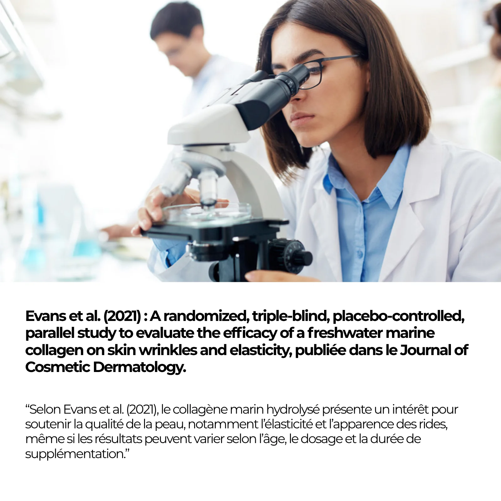 Étude Evans 2021 publiée dans le Journal of Cosmetic Dermatology, essai randomisé en triple aveugle contre placebo sur un collagène marin hydrolysé