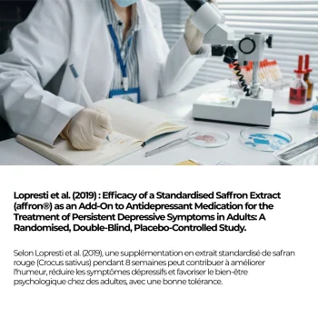 Étude Lopresti 2019, essai randomisé en double aveugle contre placebo mené huit semaines sur un extrait standardisé de safran rouge, Crocus sativus