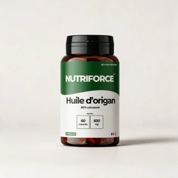 Pot d'huile d'origan Nutriforce : 60 capsules molles de 500 mg d'huile d'Origanum vulgare titrée à 80 % de carvacrol, développée en France