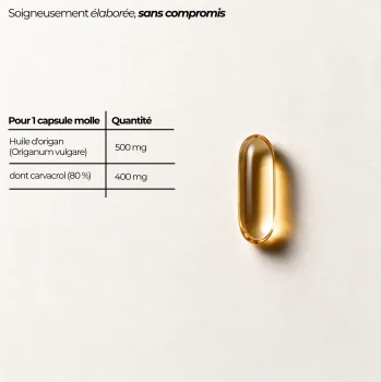 Tableau nutritionnel de l'huile d'origan Nutriforce pour une capsule molle : 500 mg d'huile d'Origanum vulgare, dont 400 mg de carvacrol, soit 80 %