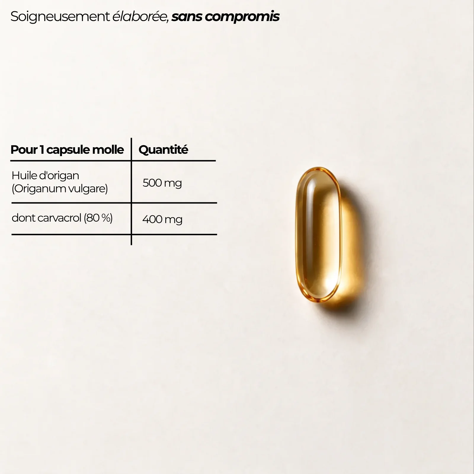 Tableau nutritionnel de l'huile d'origan Nutriforce pour une capsule molle : 500 mg d'huile d'Origanum vulgare, dont 400 mg de carvacrol, soit 80 %