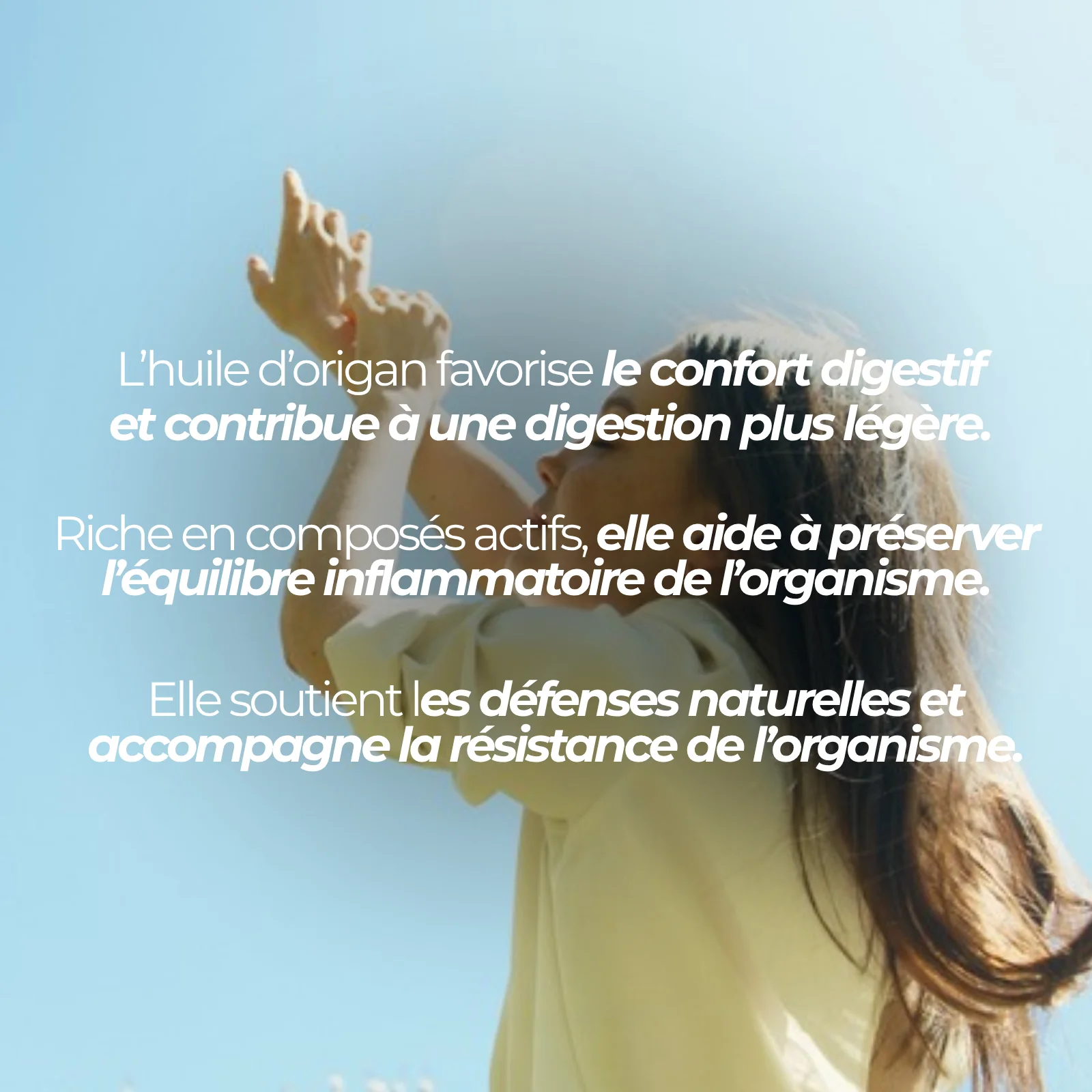 Jeune femme en mouvement : l'huile d'origan Nutriforce apporte 400 mg de carvacrol par capsule molle, le composé le plus étudié de l'origan