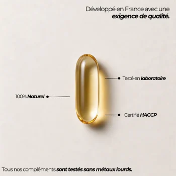 Capsule d'huile d'origan Nutriforce et ses repères qualité : développée en France, testée en laboratoire, certifiée HACCP et sans métaux lourds