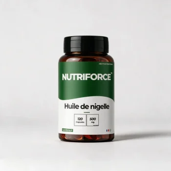 Pot d'huile de nigelle Nutriforce : 120 capsules molles apportant chacune 500 mg d'huile de cumin noir, Nigella sativa, 100 % pure