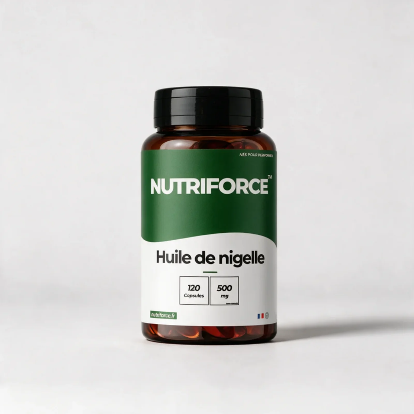 Pot d'huile de nigelle Nutriforce : 120 capsules molles apportant chacune 500 mg d'huile de cumin noir, Nigella sativa, 100 % pure