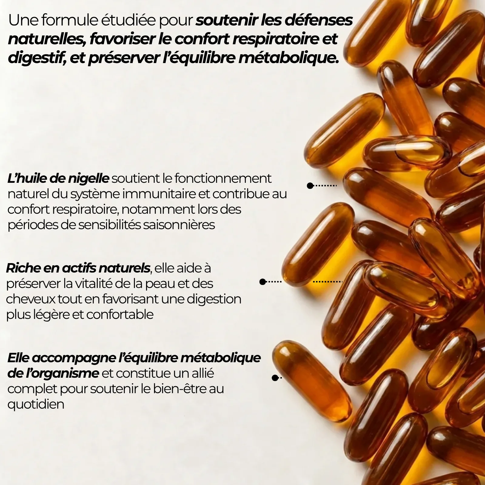 Capsules molles ambrées d'huile de nigelle Nutriforce, 500 mg de Nigella sativa pure par capsule, sans huile de dilution ni additif