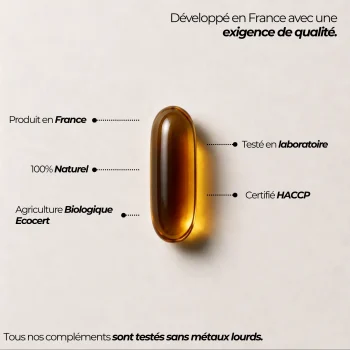 Capsule d'huile de nigelle Nutriforce et ses repères qualité : produite en France, testée en laboratoire, certifiée HACCP et contrôlée sans métaux lourds