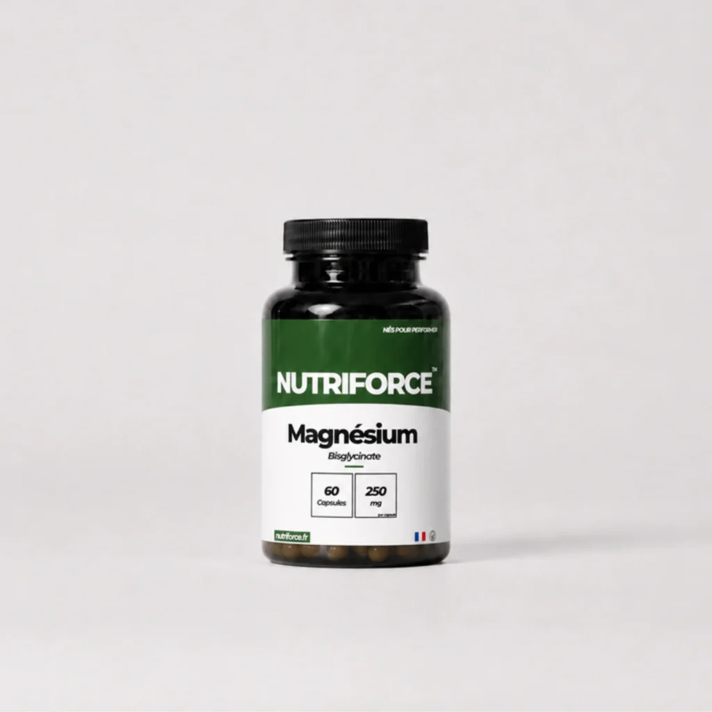 Pot de magnésium bisglycinate Nutriforce : 250 mg de magnésium élémentaire par portion de trois capsules, soit 67 % des valeurs nutritionnelles de référence