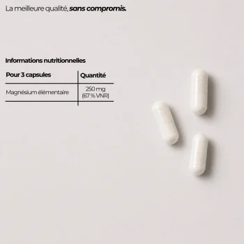 Tableau nutritionnel du magnésium bisglycinate Nutriforce pour trois capsules : 250 mg de magnésium élémentaire, soit 67 % des VNR